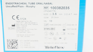 Teleflex 100382035 Endotracheal Tube Uncuffed/Plain 3.5 ID x 4.7mm OD - Box of 8